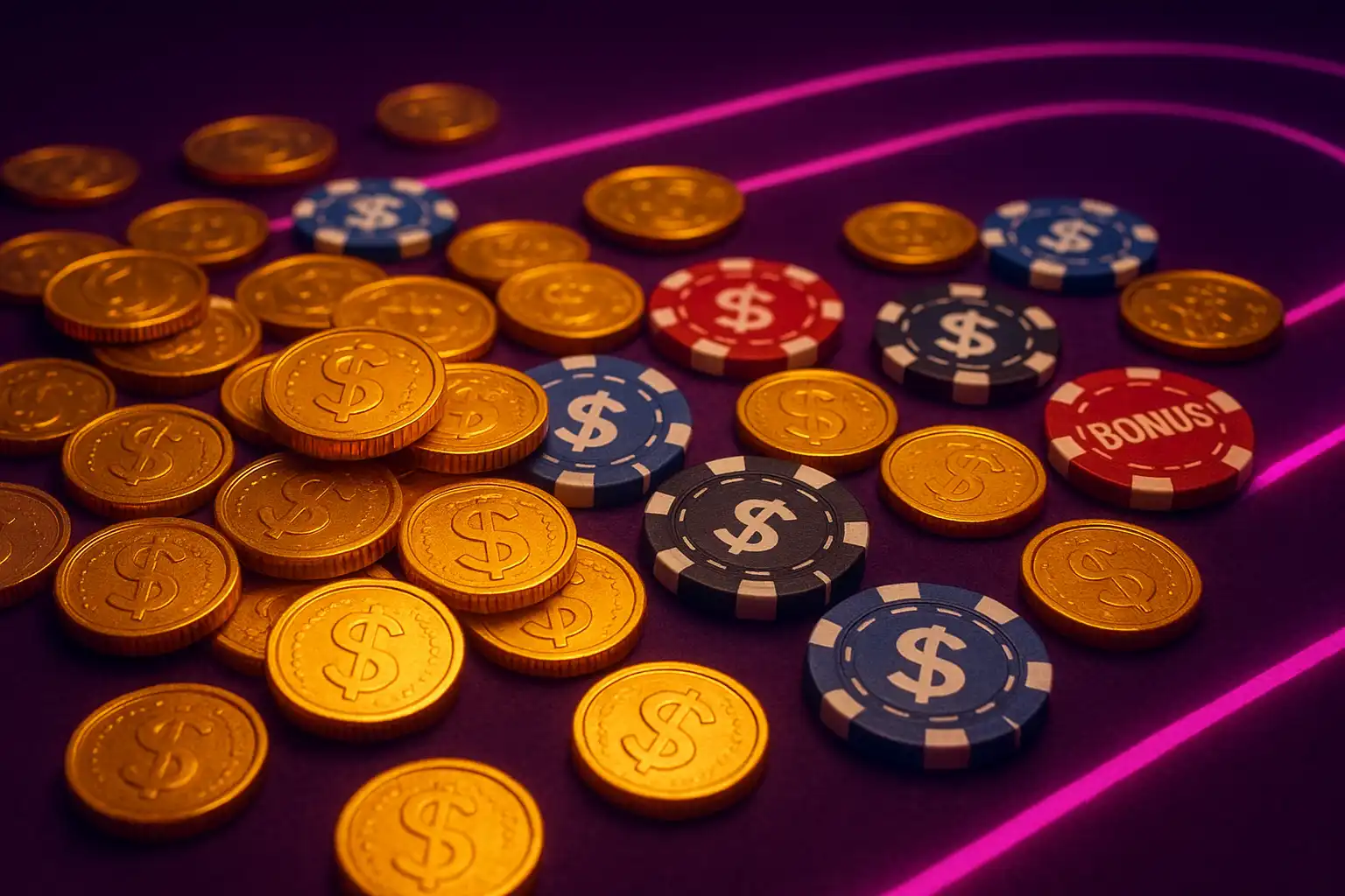 Golden coins and bonus chips spilling across a purple casino table