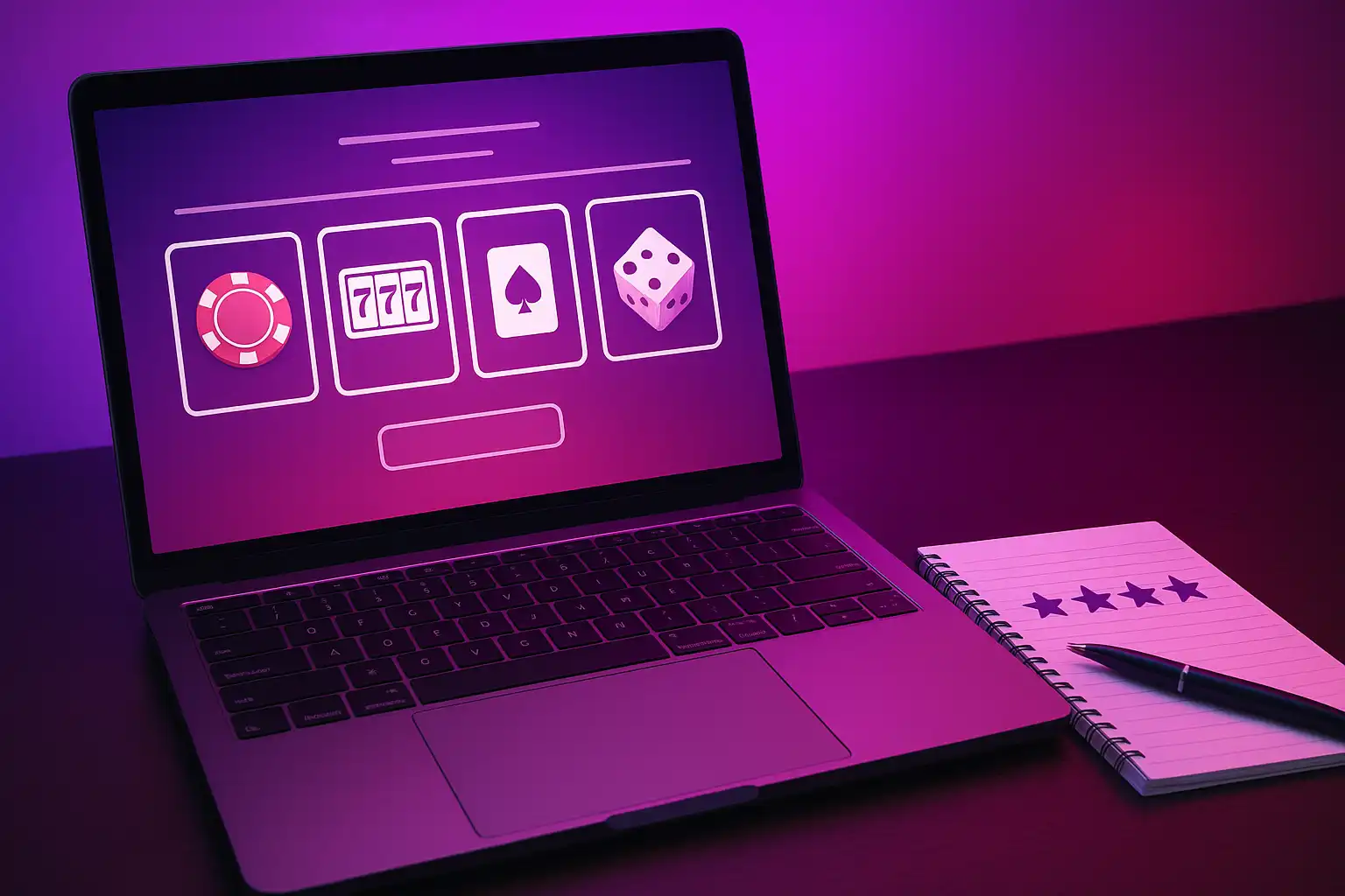 Reviewer's desk with a laptop showing RagnaBet casino and a notepad of ratings
